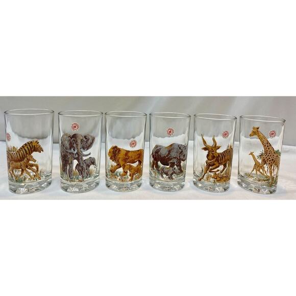 Vintage Wildlife/Safari Glasses Pasari Style Set of 6 African Animals w Young - Picture 1 of 9